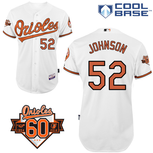 Steve Johnson #52 MLB Jersey-Baltimore Orioles Men's Authentic Home White Cool Base/Commemorative 60th Anniversary Patch Baseball Jersey